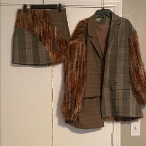 Plaid Blazer and Skirt Set with Faux Fur Coat